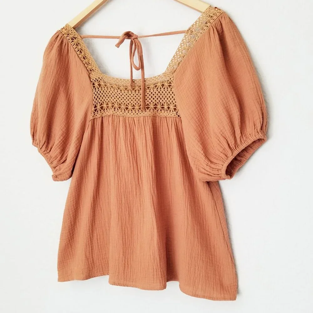 Bluivy Women's S Boho Crochet Lace Puff Sleeves Blouse Square Neck Camel Cotton - Picture 7 of 14